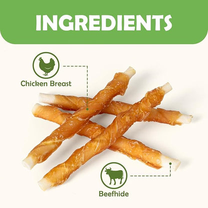MON2SUN Dog Treats, 5 Inch Rawhide Twist Chicken Hide Sticks, Suitable for Puppy and Small Dogs, 5 Inch (Chicken, Pack of 50)