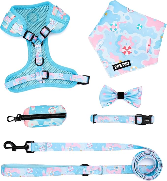 Small Dog Harness and Leash Set of 6, No Pull Soft Lightweight Mesh Puppy Harness， Adjustable Cute Floral Pattern Pet Harness for Small Medium Dogs (Blue Sea, XS)