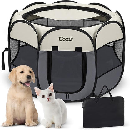 Goozii Pet Cat Playpen for Indoor Cats Enclosed, Puppy Dog Play Pen for Outdoor Travel Camping (Medium Size, Beige & Dark Grey)