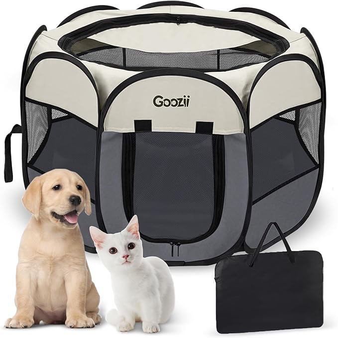 Goozii Pet Cat Playpen for Indoor Cats Enclosed, Puppy Dog Play Pen for Outdoor Travel Camping (Large Size, Beige & Dark Grey)