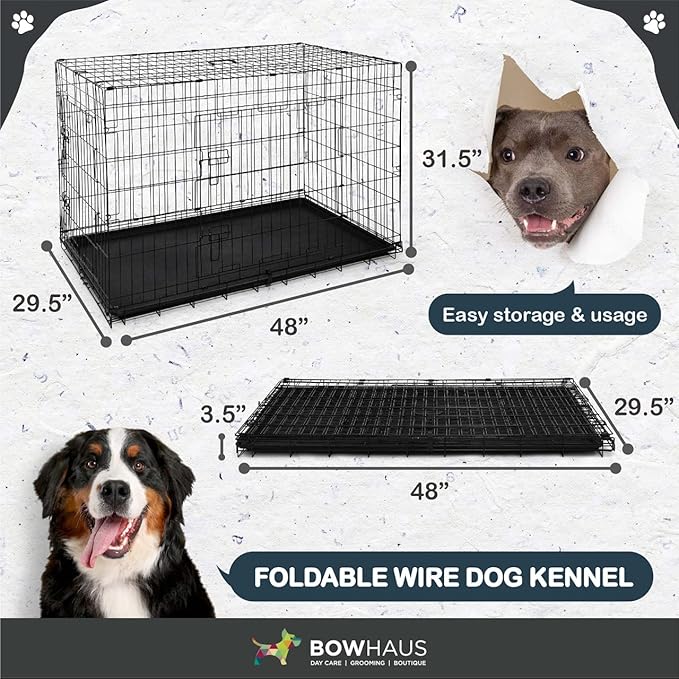 BOWHAUS Dog Crate, Metal Wire Kennel w/Divider Panel, Leak-Proof Pan, 48’’, Double Door, Large Dog Crate Indoor, Foldable & Portable