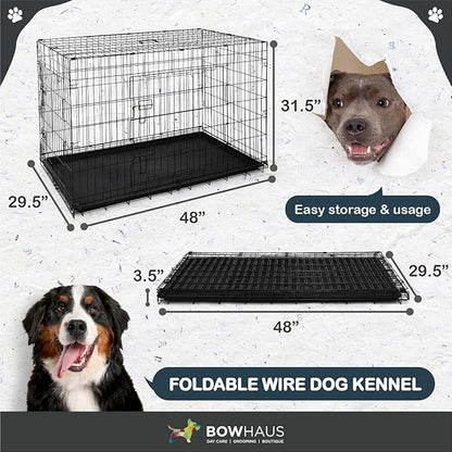 BOWHAUS Dog Crate, Metal Wire Kennel w/Divider Panel, Leak-Proof Pan, 48’’, Double Door, Large Dog Crate Indoor, Foldable & Portable
