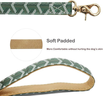Leather Dog Collar and Leash Set, Check Pattern Dog Collar Leashes Metal Buckle Adjustable Durable for Small Medium Large Dogs (Green, L(14.5-18.5IN))