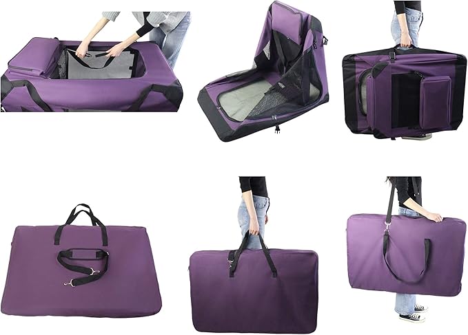 EliteField 3-Door Folding Soft Dog Crate with Carrying Bag and Fleece Bed (2 Year Warranty), Indoor & Outdoor Pet Home (36" L x 24" W x 28" H, Purple)