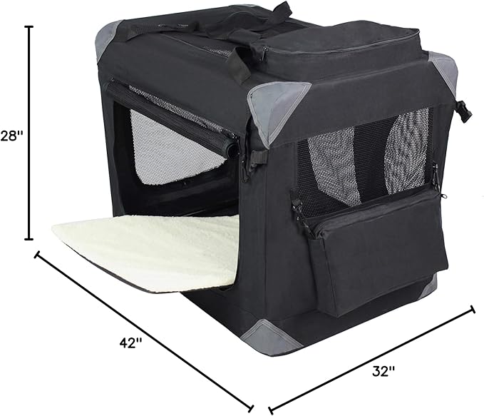 EliteField 3-Door Folding Soft Dog Crate with Carrying Bag and Fleece Bed (2 Year Warranty), Indoor & Outdoor Pet Home (42" L x 28" W x 32" H, Black)