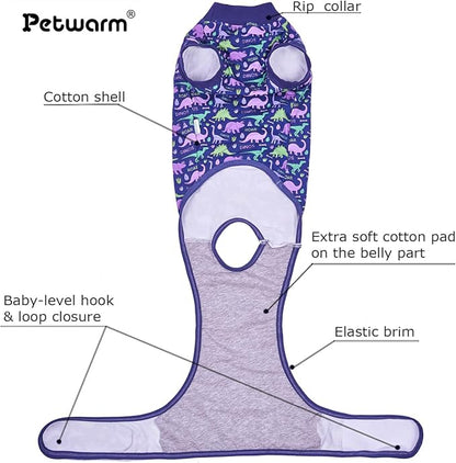 PetWarm Pet Recovery Suit for Dogs, Onesies for Dogs, Dog Cone Alternative After Surgery Substitute E-Collar and Cone Prevent Dog Onesies Pet Surgery Recovery Suit, Dinosaur Pattern, Blue Purple, S