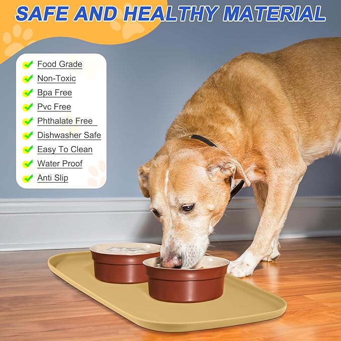 SMILOOL Silicone Pet Feeding Mat with Raised Edge for Food and Water, Dog Bowl Mats, Cat Bowls Placemat with High Lip for Floor Waterproof, Rubber Tray for Cats and Dogs 19 x 12 x0.7 Dark Beige