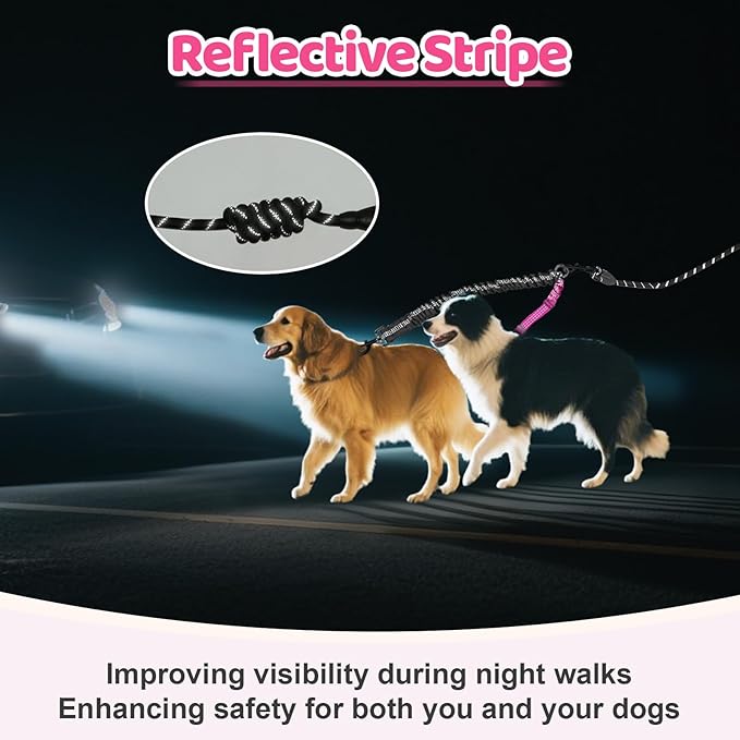 Double Dog Leash - 360°Swivel Tangle Free Splitter Attachment, 1 Rope with Handle, 2 Dogs Multi-Functional Leash, for Outdoor Walk Train Small Medium Large Two Pet, Fuchsia