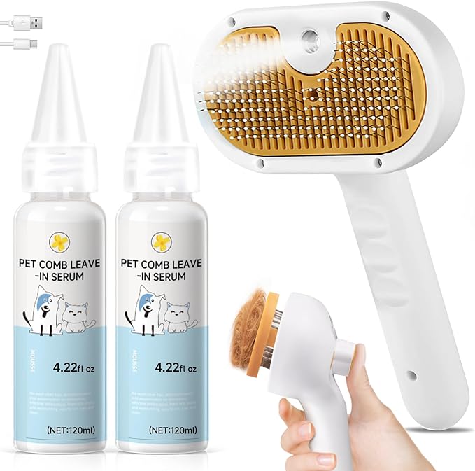 Pet Steam Brush for Dog & Cat – 3-in-1 Spray Hair Removal Comb for Shedding & Grooming, Softens Fur & Reduces Static – Water Brush for Long & Short Coats, Bath-Hating Pets, Includes Waterless Shampoo