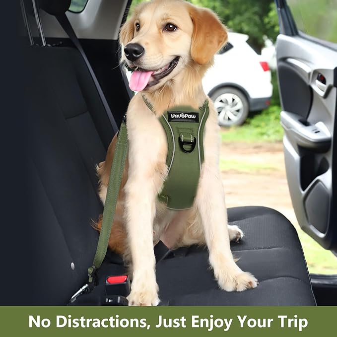 VavoPaw Dog Seat Belt Harness for Car, Dog Car Harness Adjustable Mesh Breathable & Dogs Seatbelt Safety Tether with Elastic Bungee for Small Medium Large Pets(Army Green, L)