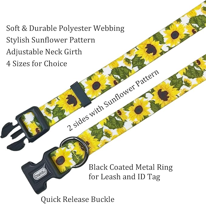 Dog Collar Leash Set, Floral Pattern, 5ft Matching Leash, Polyester Material, 4 for Small Medium Large Dogs.(XS, Sunflower)