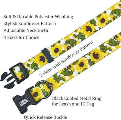 Dog Collar Leash Set, Floral Pattern, 5ft Matching Leash, Polyester Material, 4 for Small Medium Large Dogs.(XS, Sunflower)