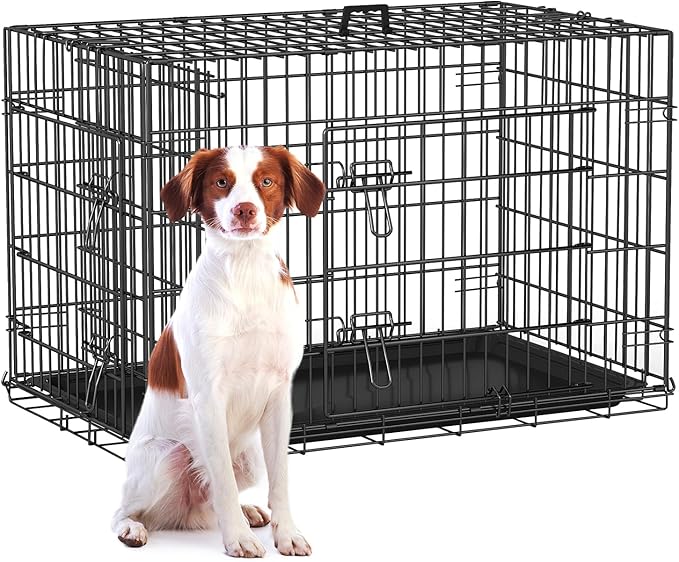 FDW Dog Crate 36-Inch Dog Cage Single Door Foldable Metal Kennel with Leakproof Tray Foldable Design Indoor Outdoor Use for Medium Dogs,Dark Black