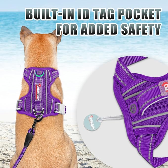 BARKBAY No Pull Dog Harness Large Reflective Dog Harness with Front Clip and Easy Control Handle for Walking Training Running with ID tag Pocket(Purple,XS)