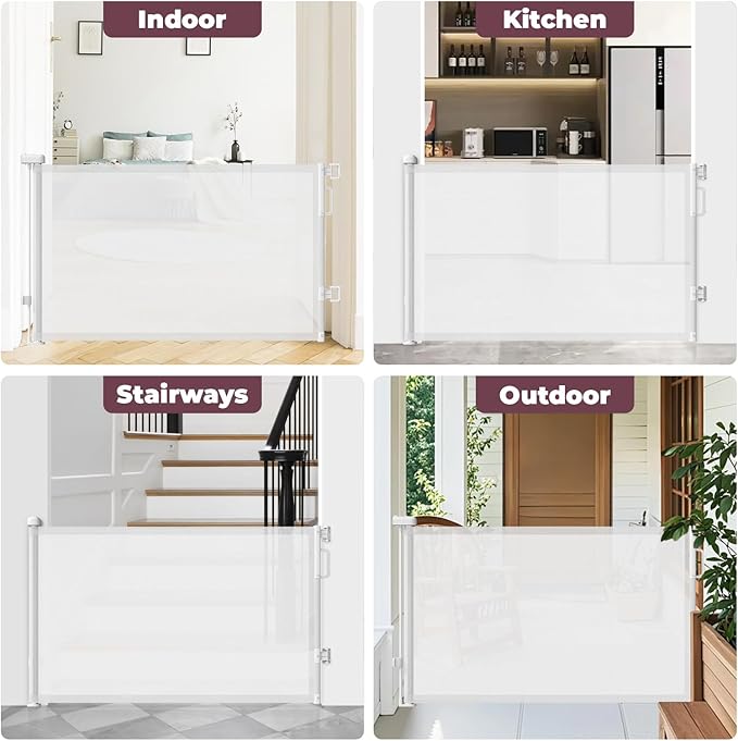 Retractable Baby Gate for Stairs, 55" Wide Mesh Dog Gate Indoor, 34" Tall Child Gate for Doorways, Hallways, Deck, Indoor Outdoor Pet Baby Safety Essentials for Home, White
