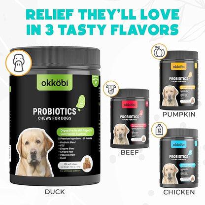 Probiotics for Dogs Chews 150PCs - Digestive, Gut Health & Diarrhea Support - Chews for Dogs - US Formula with Probiotics, Enzymes & Natural Ingredients - Duck