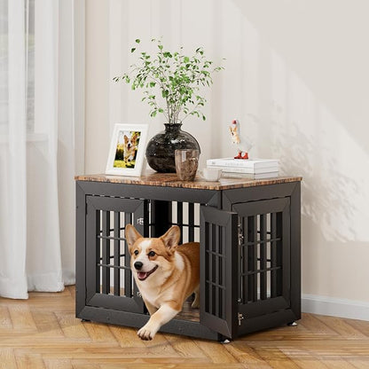 Snuowu 32" Heavy Duty Dog Crate Furniture for Small,Medium and Large Dogs,Rustic Wooden Dog Cage Kennel Indoor Furniture with Waterproof Top,Decorative Pet House Side End Table (Black & Wood)