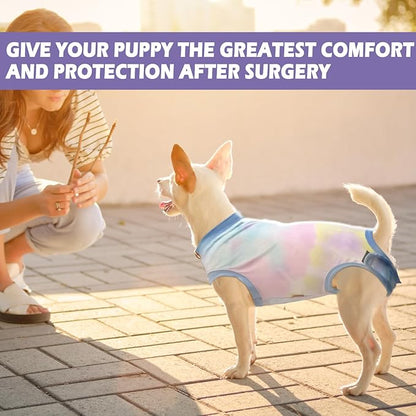 Dog Surgery Recovery Suit for Male Female, Spay Neuter Cone Alternative Surgical Onesie, Tie-dye Purple (Tie-dye Light Blue, Small (Back 12.2'', Chest 12''-14''))