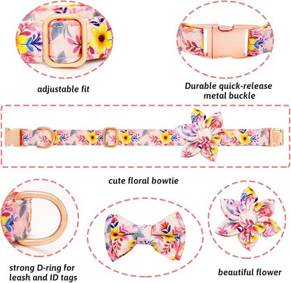 Dog Collar and Leash Set Girls Adjustable Puppy Collars with Floral Bow Tie for Small Medium Large Female Dogs, Pink Flower, XS