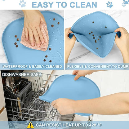 Smilool Small Silicone Pet Food Mat with Raised Edge for Food and Water Bowl, Square Dog Feeding Mats, Cat Food Trays for Floor Waterproof, Rubber Tray for Dogs and Cats, 12 x 12 x 0.7 Light Blue