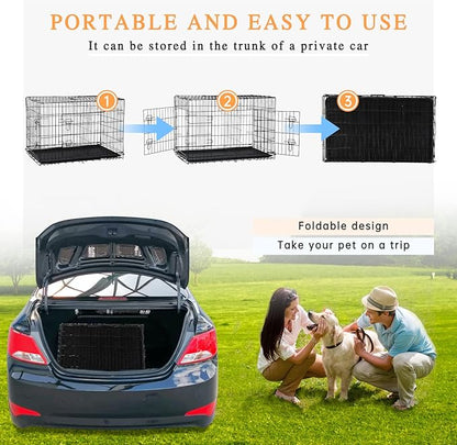 Large Dog Crate, 48 Inch Dog Cage Dual Door Metal Dog Cage with Divider Panel, Leak-Proof Pan, Indoor Outdoor Folding Pet Dog Kennel for Large Pet Animals