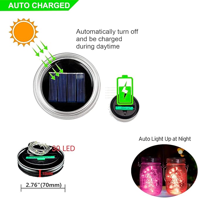 YJFWAL Solar Mason Jar Lights, 12 Pack 30 LED Fairy Firefly String Mason Jar Lids Lights with 12 Hangers (No Jars), DIY Mason Jar Patio Garden Wedding Party Birthday Decor