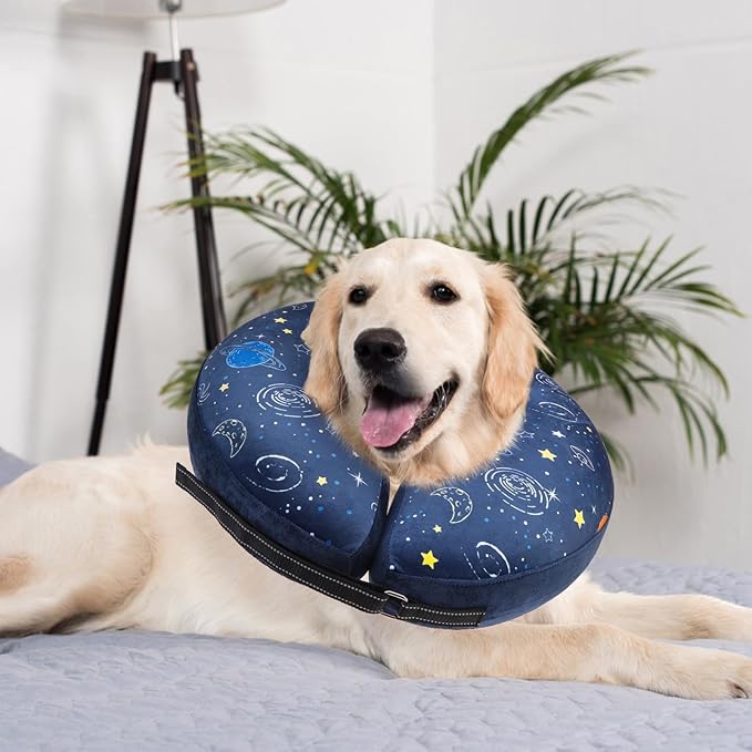 SCENEREAL Dog Cone Alternative After Surgery Donut Collar, Soft Pet Recovery Pillow Collar for Medium Large Dogs, Inflatable Adjustable Neck Collars to Prevent Licking, Planet Print E-Collars L