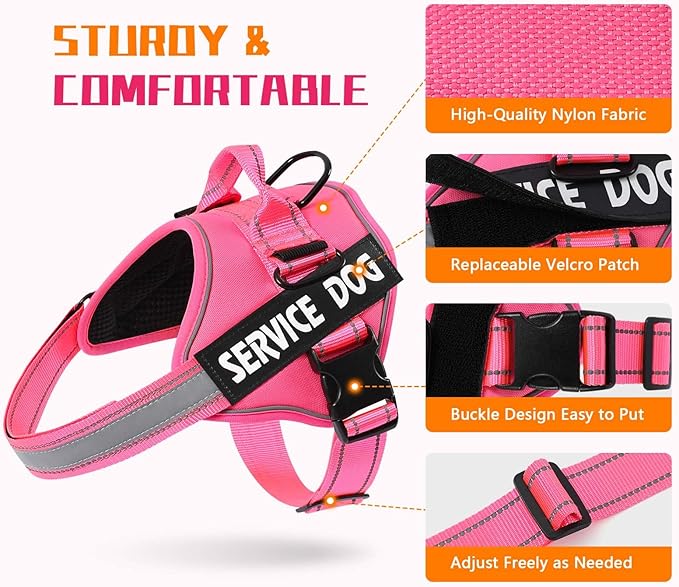 MUMUPET Service Dog Vest, No Pull Reflective Adjustable Harness with Handle, Soft Breathable Padding for Medium Dogs, 2 Removable Velcro Patches (Hot Pink, M)