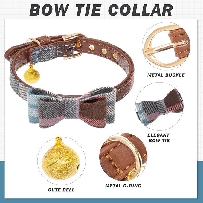 EXPAWLORER Dog Collar Bandana Set - Classic Plaid Dog Bow Tie and Bandana Collar with PU Leather, Adjustable Collars for Small Medium Large Dogs Cats, Holiday Ideal Gift, Blue S