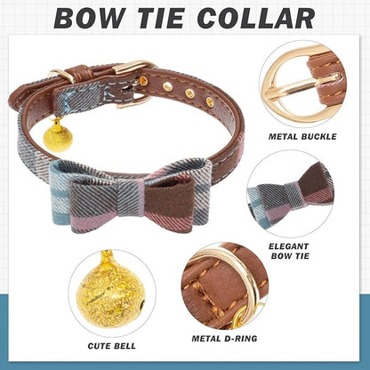 EXPAWLORER Dog Collar Bandana Set - Classic Plaid Dog Bow Tie and Bandana Collar with PU Leather, Adjustable Collars for Small Medium Large Dogs Cats, Holiday Ideal Gift, Blue S