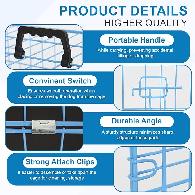 36 inch Dog Crates for Medium Dogs Folding Metal Wire Dog Cage Kennel, Indoor Outdoor Dog Crate Kennels with Handle&Proof Tray Portable Pet Kennel Blue
