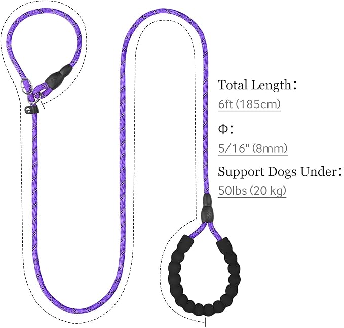 TagME 6ft Slip Dog Lead, No Pull Reflective Training Leash with Padded Handle, Professional Rope P-Leash for Small Medium Large Dogs, Heavy Duty Correction Lead for Walking & Training (Purple)