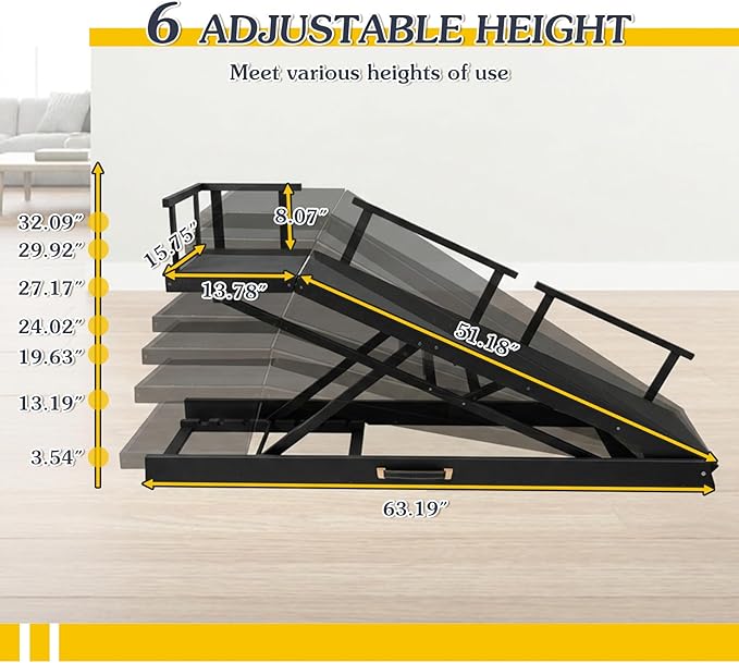 6 Level Height Adjustable Dog Ramp for Bed, Couch 65" Foldable Pet Ramp with Non-Slip Mat，DIY Glow Strips & Rest Platform Heavy Duty Dog Stairs for Large Dogs up to 200Lbs ，Black