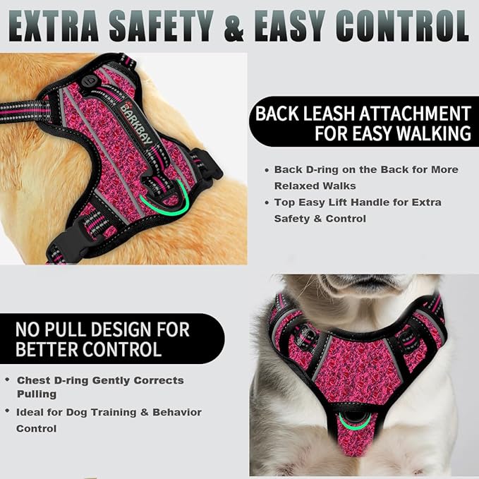 BARKBAY No Pull Dog Harness Large Reflective Dog Harness with Front Clip and Easy Control Handle for Walking Training Running with ID tag Pocket(Pink/Black,S)