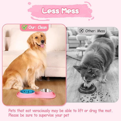 MateeyLife Dog Food and Water Bowl Set 3 in 1, Slow Feeder Dog Bowls & Stainless Steel Water Bowl with Non-Spill Silicone Mat, Cat and Puppy Bowls Pet Dishes for Small Medium Large Breed Anti-Choking