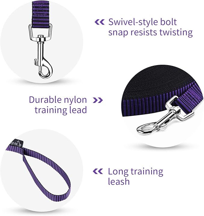 Hi Kiss Dog/Puppy Obedience Recall Training Agility Lead - 15ft 20ft 30ft 50ft 100ft Training Leash - Great for Training, Play, Camping, or Backyard(20ft,Black_Purple)