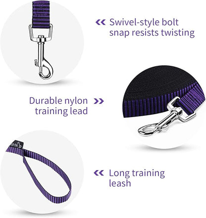 Hi Kiss Dog/Puppy Obedience Recall Training Agility Lead - 15ft 20ft 30ft 50ft 100ft Training Leash - Great for Training, Play, Camping, or Backyard(20ft,Black_Purple)