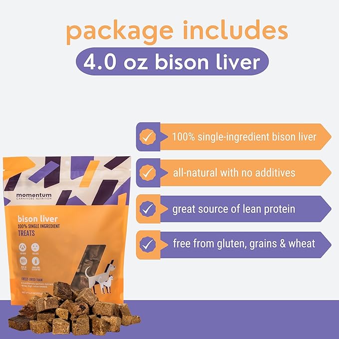 Momentum Carnivore Nutrition Freeze-Dried Bison Liver Dog Treats & Cat Treats – Single-Ingredient, High-Protein, Grain-Free, Lean Novel Protein – Made in USA – 4 oz Bag
