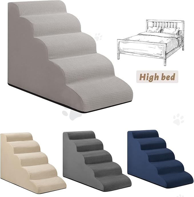 Aodisman 5-Step Dog Stairs and Ramp for High Bed, Non-Slip Sturdy Pet Steps for Small Dogs and Cats,22.2" H,Light Grey