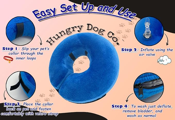 Hungry Dog Co.- Premium Inflatable Dog Collar and Durable Dog Ball - Helps in Pet Recovery - Comfortable and Safe for Your Pet – Soft E-Collar – Blue, Small (5”- 8” Neck)