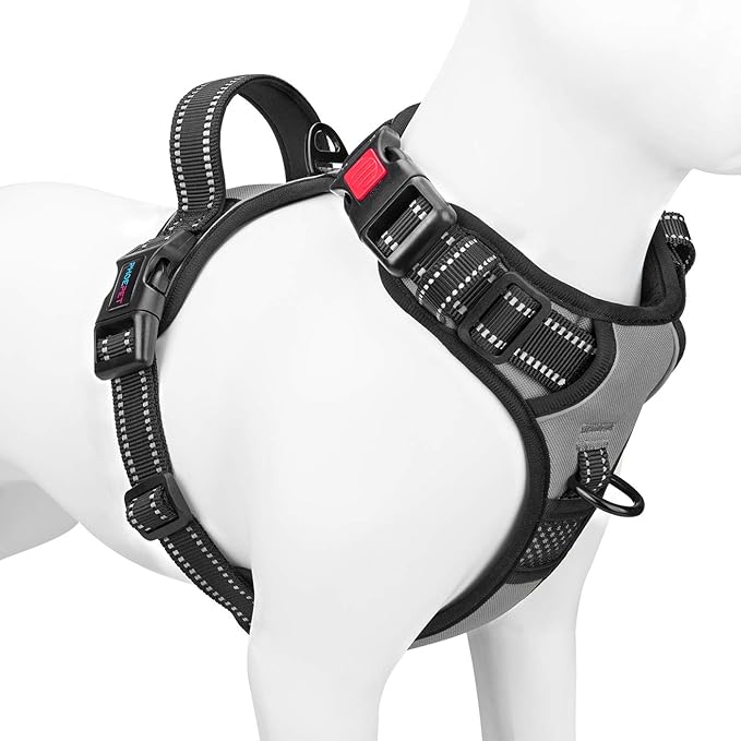 PHOEPET No Pull Dog Harness Medium Reflective Front Clip Vest with Handle,Adjustable 2 Metal Rings 3 Buckles,[Easy to Put on & Take Off](XL, Grey)