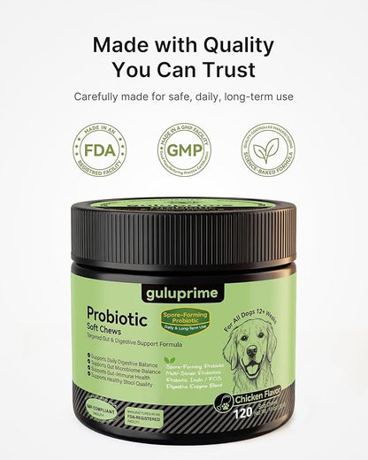 Probiotics for Dogs – Digestive & Gut Health Support, Dog Probiotic Chews with Spore-Forming Bacillus Coagulans, Multi-Strain Lactobacillus + Prebiotic Inulin, Chicken Flavor, 120 Soft Chews
