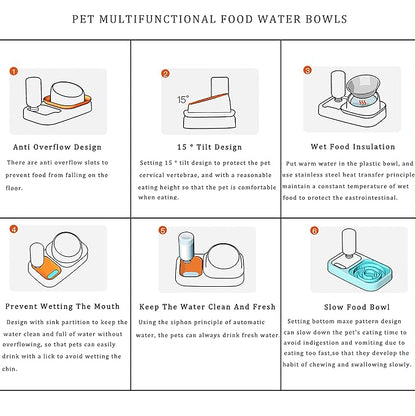 Cat Dog Food and Water Bowl Set, Double Food Bowls with Automatic Gravity Water Bottle, Raised Slow Feeder, Detachable Stainless Steel Bowl, 15°Tilt Elevated No Spill Dispenser (Yellow+Green)
