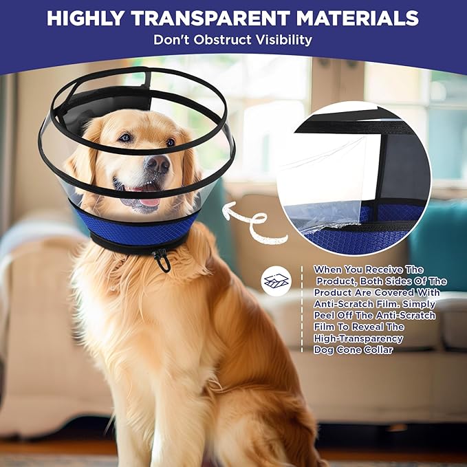 Soft Dog Cone for Dogs After Surgery,Transparent Breathable Dog Cone Collar for Small Large Medium Size Dog,Adjustable Depth Pet Recovery Collars,Elizabethan Collar for Dogs Stop Licking (Blue-L)