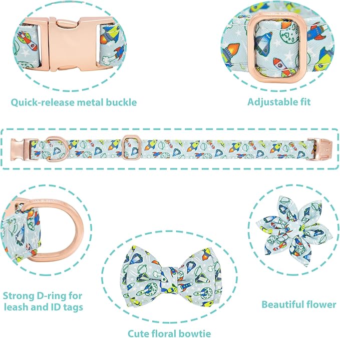 Dog Collar and Leash Set Adjustable Girls Puppy Floral Collars with Bow Tie for Small Medium Large Dogs(L, Rocket)