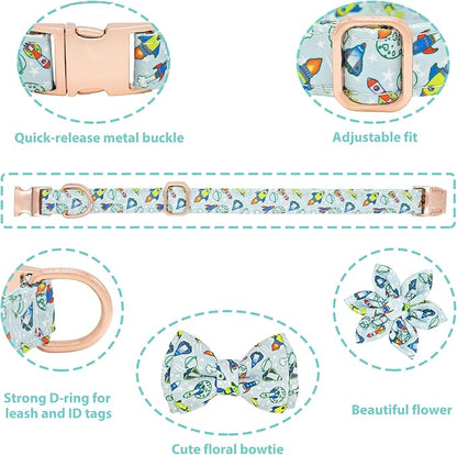 Dog Collar and Leash Set Adjustable Girls Puppy Floral Collars with Bow Tie for Small Medium Large Dogs(XS, Rocket)