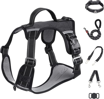 IEUUMLER No Pull Dog Harness, Reflective Front Clip Vest with Leash,Safety Belt and Backup Safety Strap, Adjustable Easy Control Handle,Air Tag Dog Collar for Small Medium Large Dogs EU021 (Black, XL)