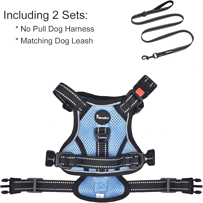 Petmolico No Pull Dog Harness and Leash Set, No Choke 4 Leash Attchments Easy Control Handle Soft Padded Reflective Vest Dog Harness for Medium Dog Breed, Sky Blue Medium