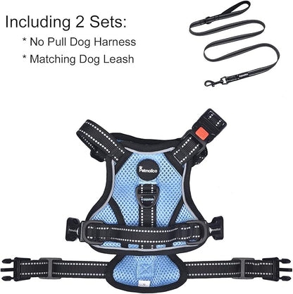 Petmolico No Pull Dog Harness and Leash Set, No Choke 4 Leash Attchments Easy Control Handle Soft Padded Reflective Vest Dog Harness for Medium Dog Breed, Sky Blue Medium