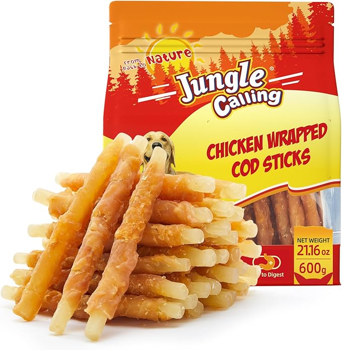 Jungle Calling 35-Count Rawhide Free Dog Treats, 4.5-Inch Chicken Wrapped Cod Sticks for Dogs, Easily Digestible Long Lasting Dog Chews, Soft & Chewy Dog Treats for Training Small Medium Dogs, 1.32 lb
